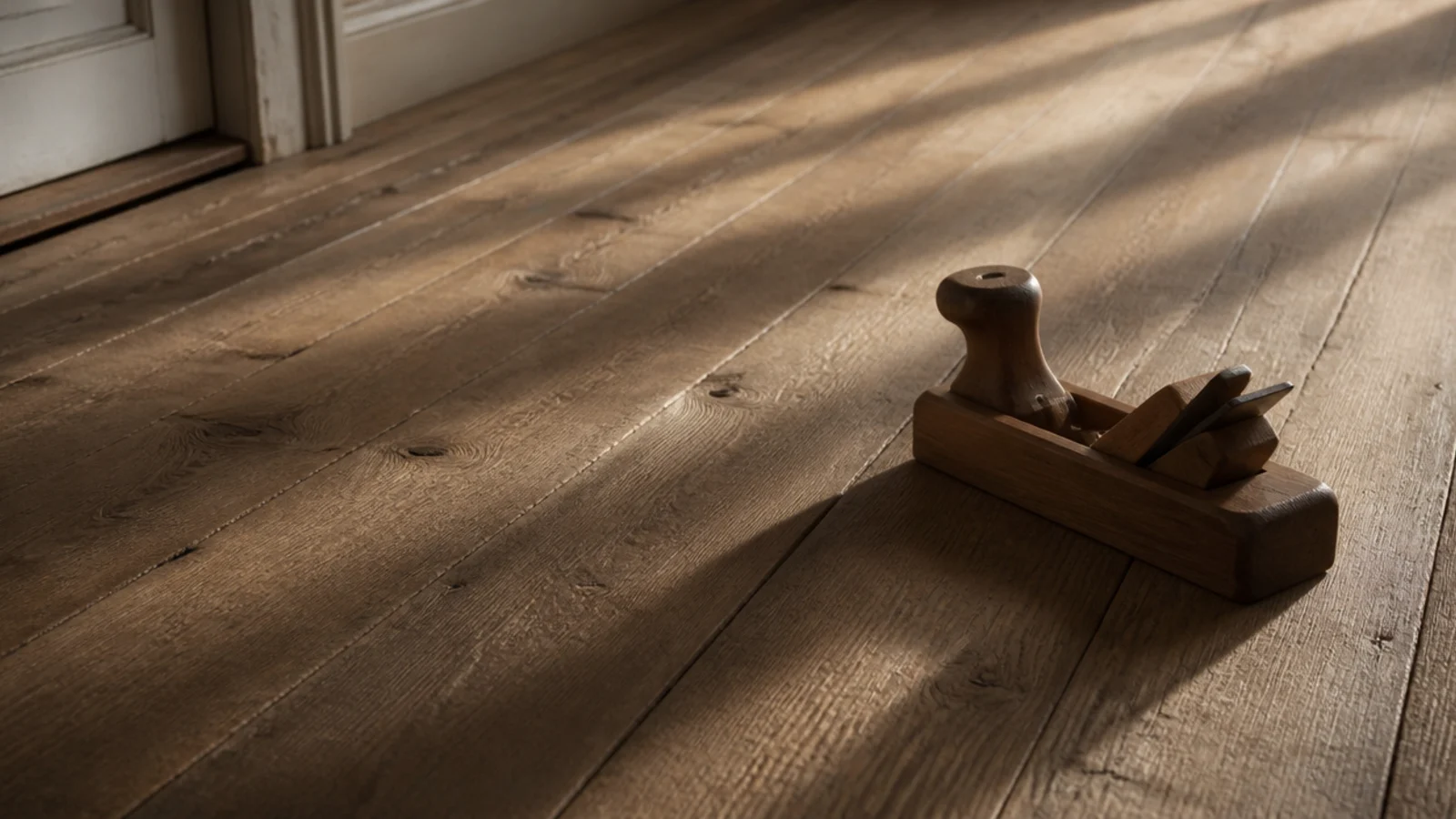hand planed floorboards with gentle waves visible under long light