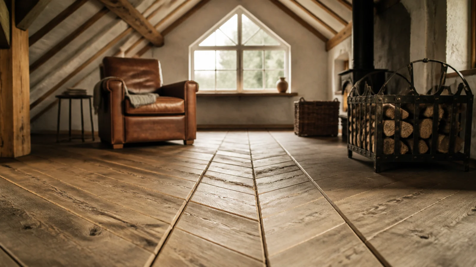 wide chamfered board edges cutting deep grooves across a rustic floor