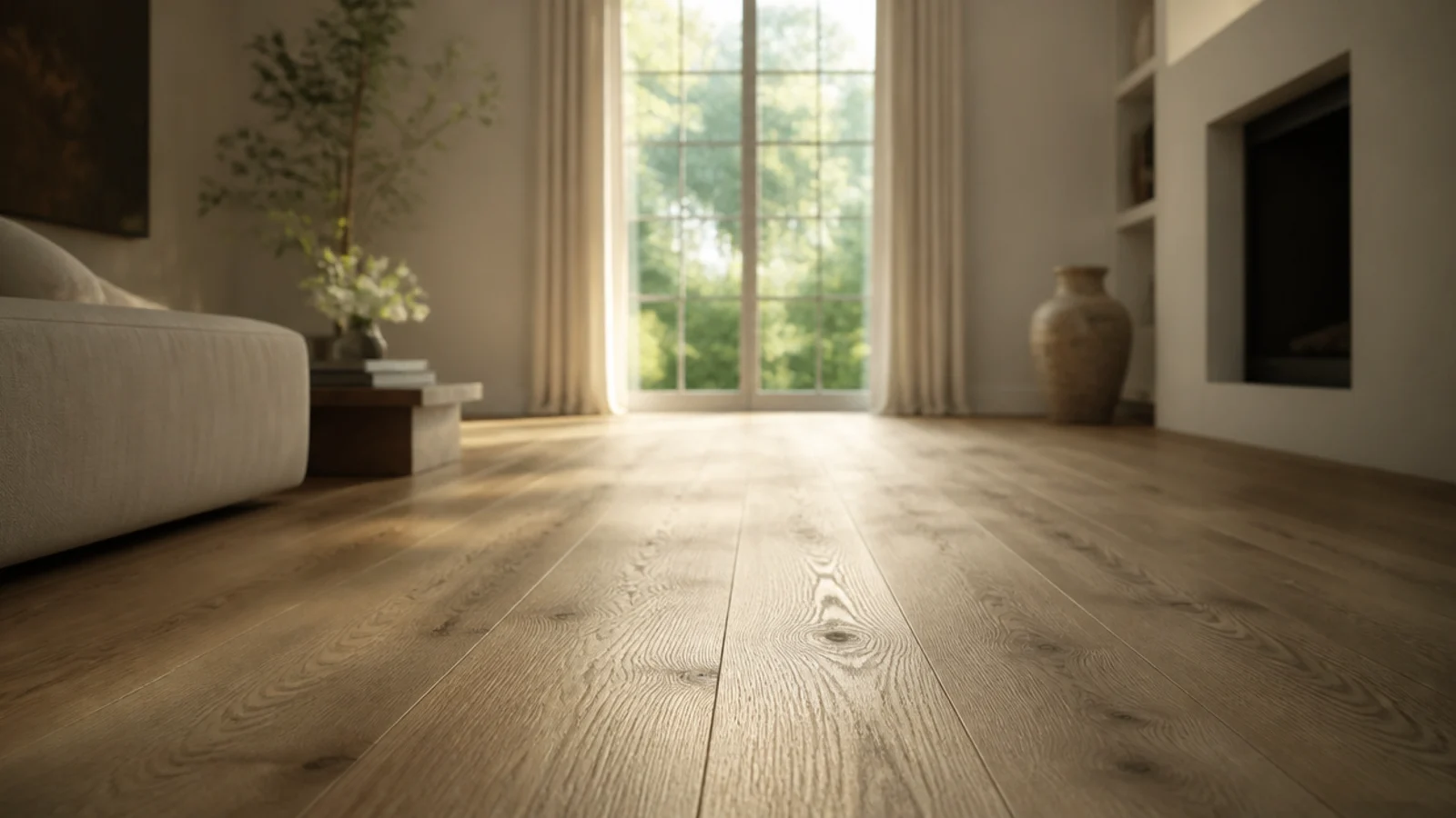 wide oak wooden flooring running toward a window in a calm living room