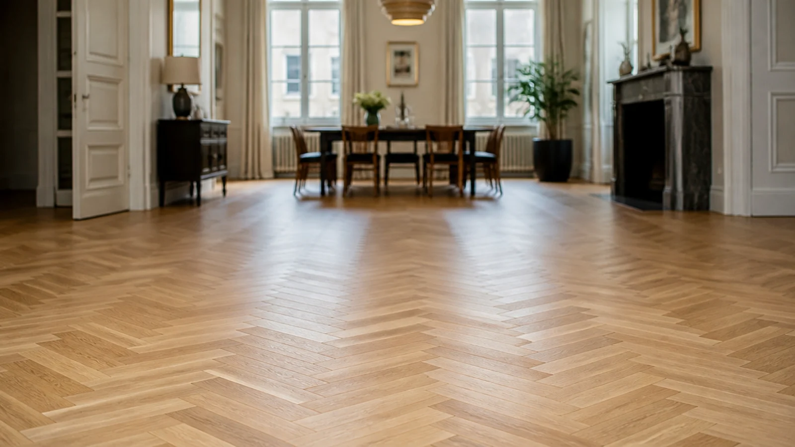 paired parquet blocks forming a wide double herringbone pattern