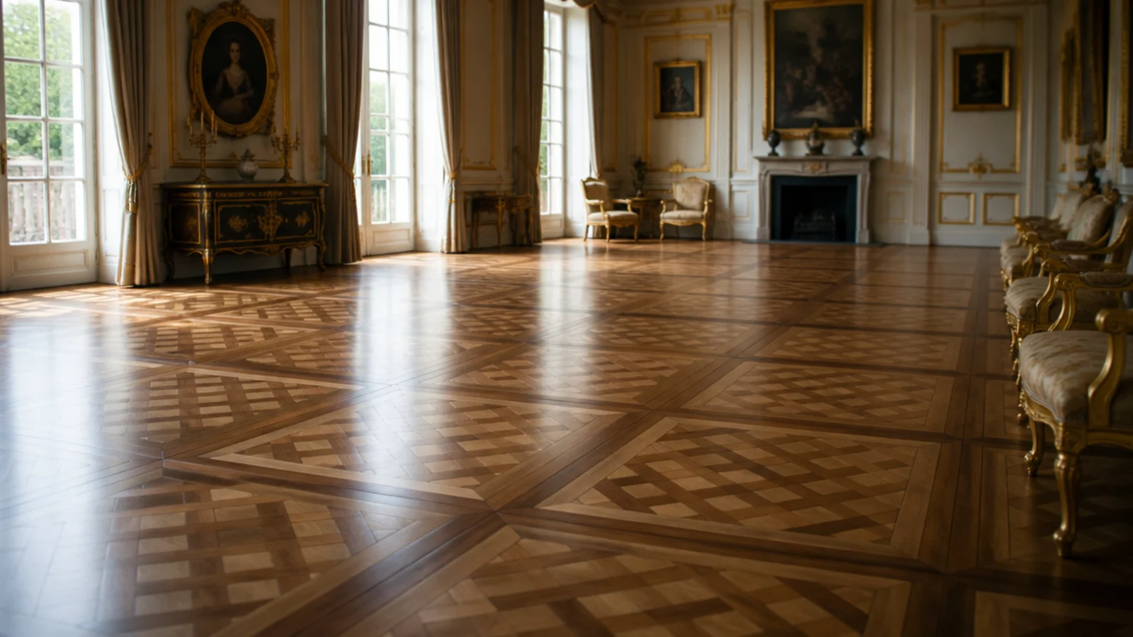 large versailles parquet panels with diagonal lattice inside square frames