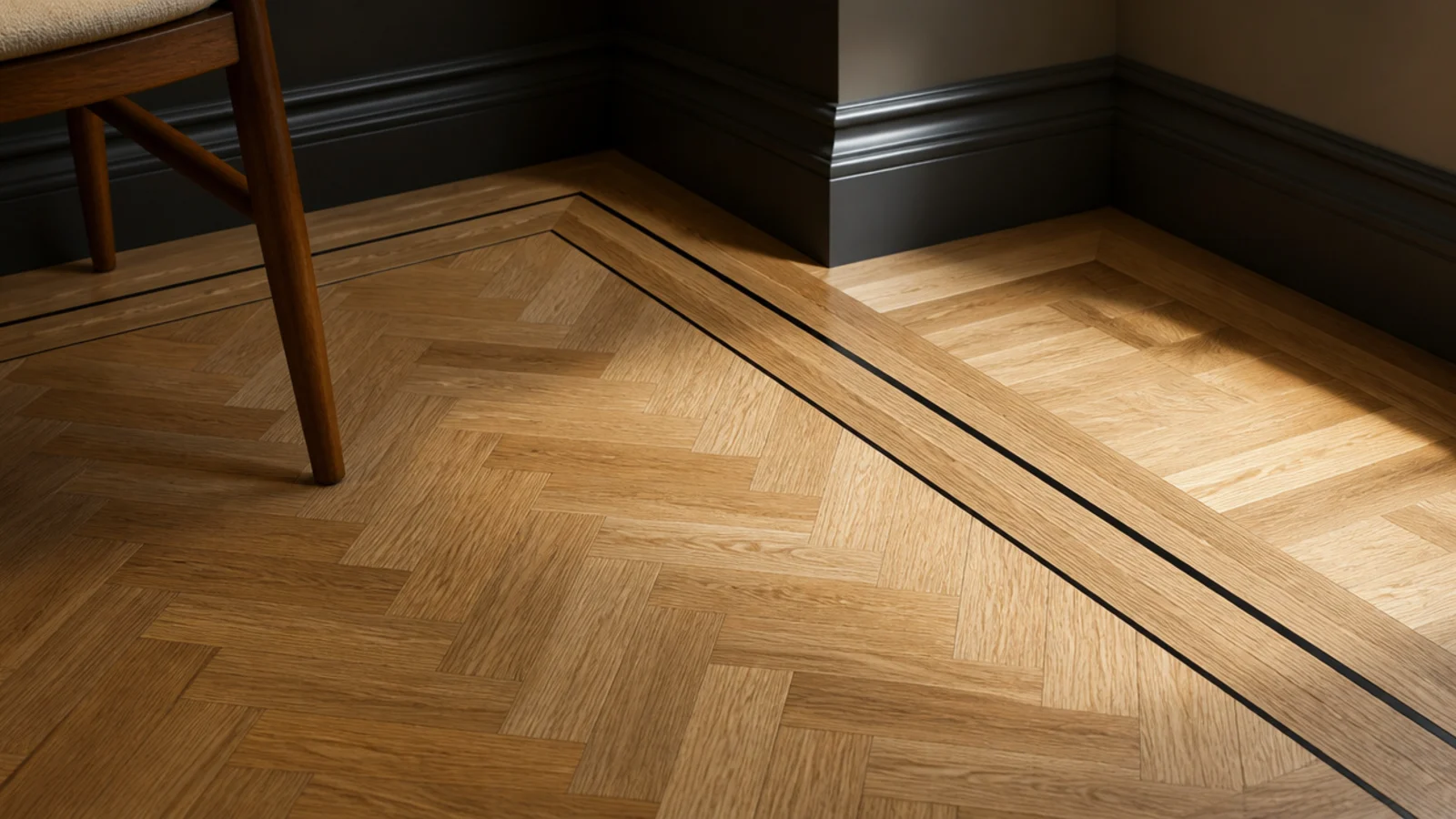 twin parquet border bands separated by a thin dark stringer line