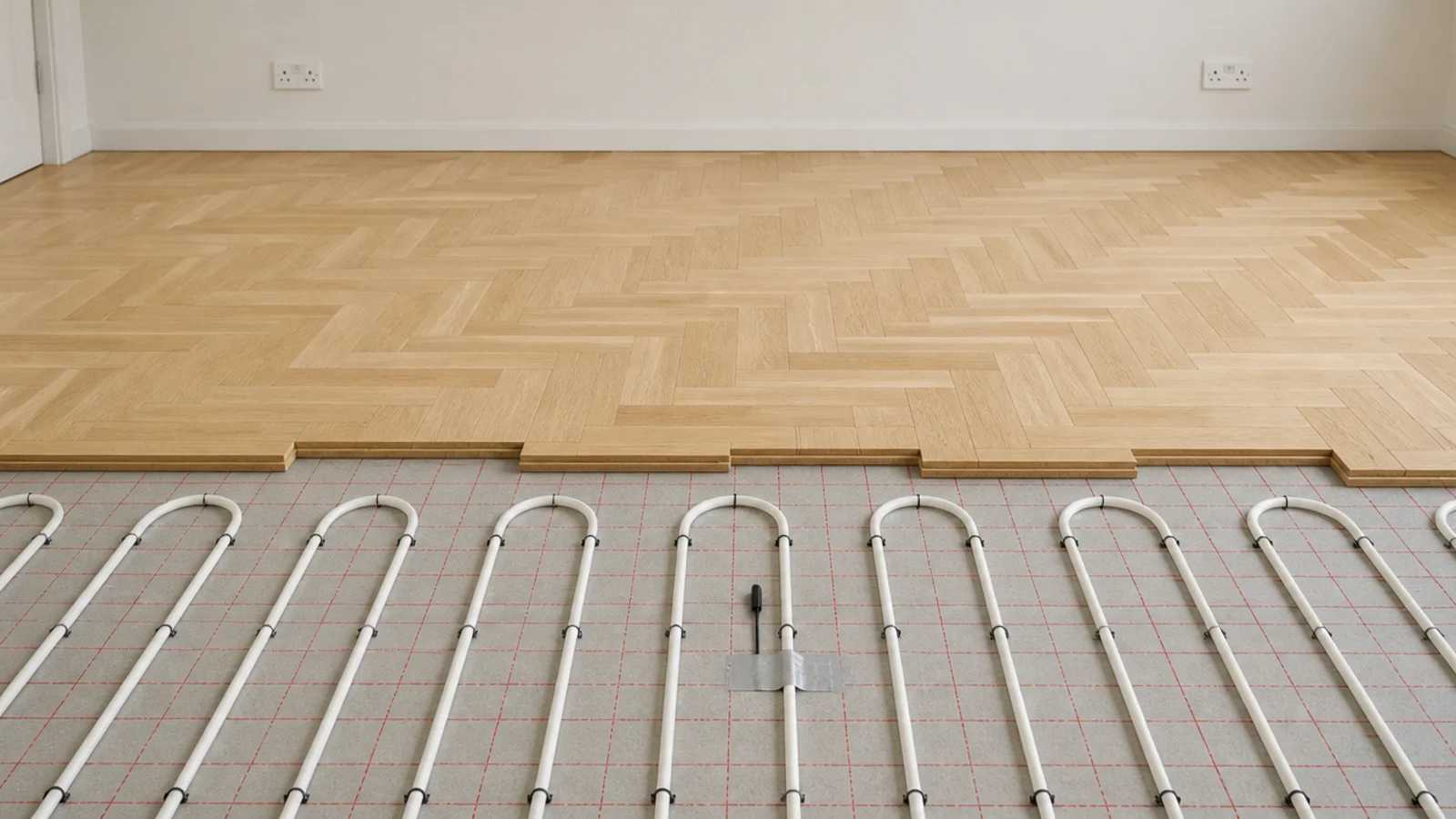 engineered parquet blocks laid above a heated screed with pipes visible