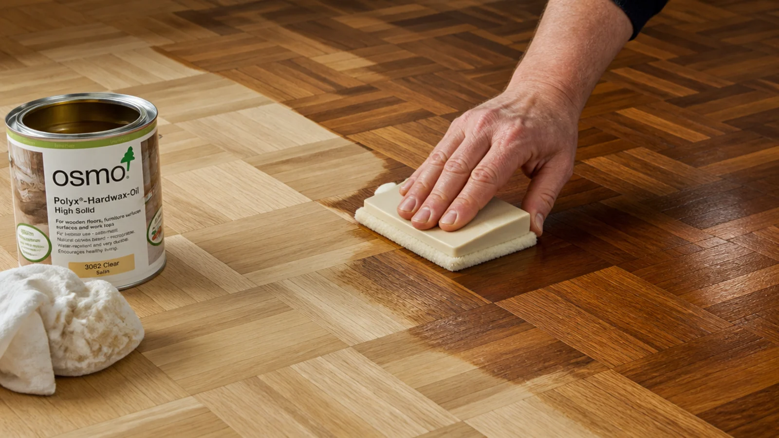 hardwax oil being worked into freshly sanded parquet with a pad