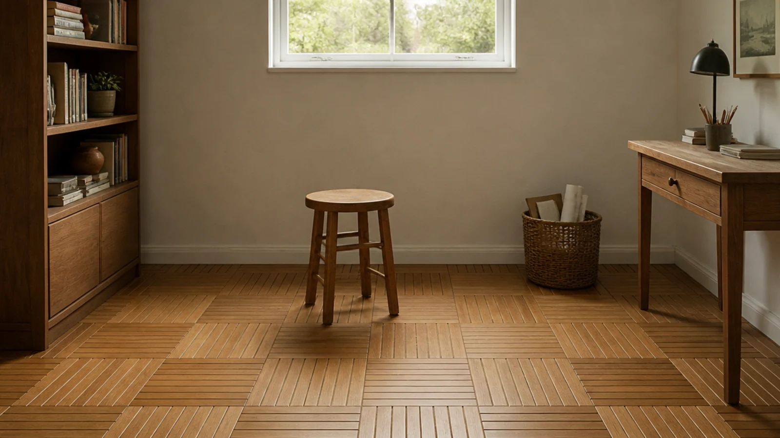narrow finger parquet strips grouped into alternating squares on a floor