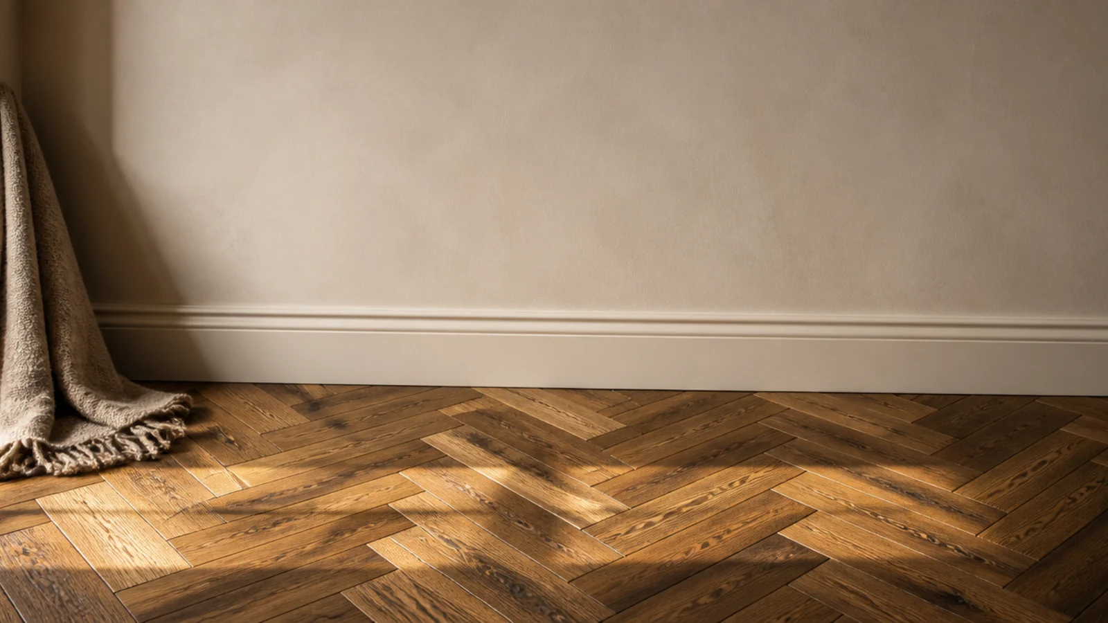 tall view of oak wooden parquet flooring meeting a pale plaster wall