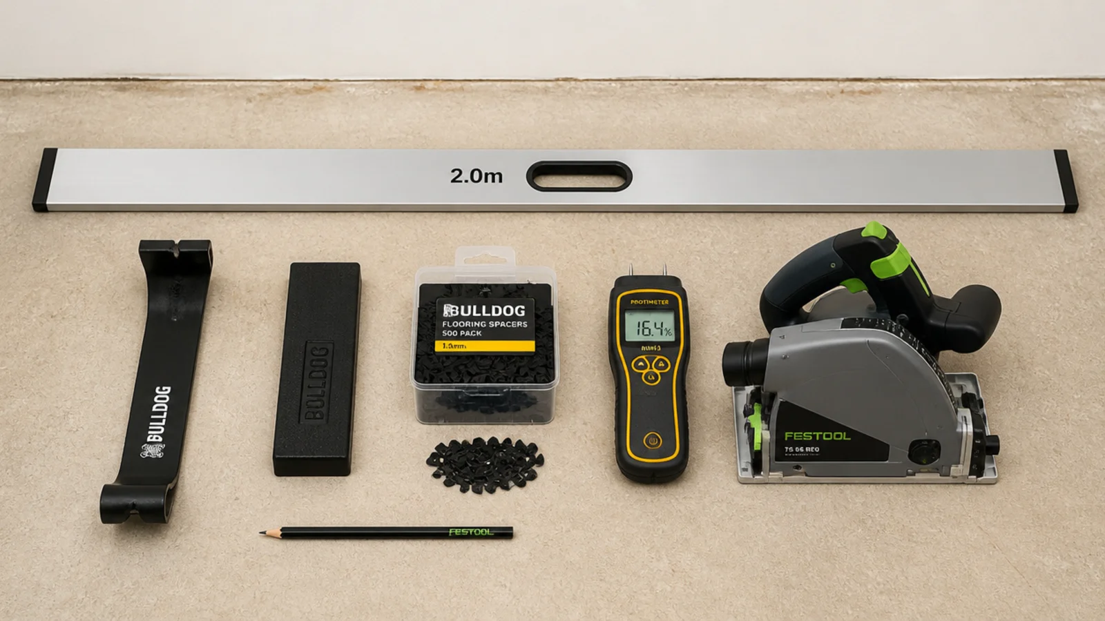 flooring tools laid out on a subfloor including pull bar and spacers