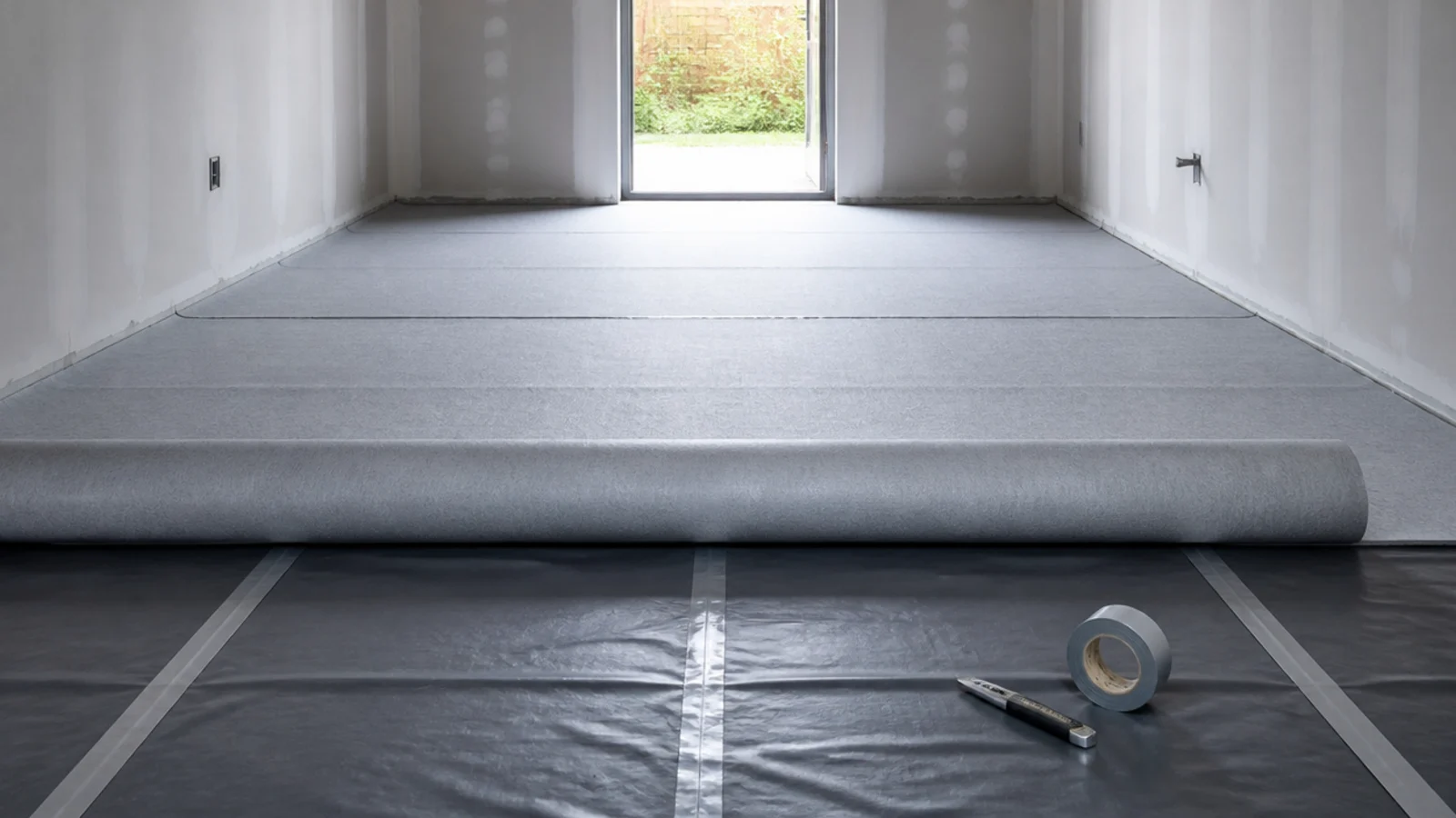 damp proof membrane and foam underlay rolled across a concrete floor