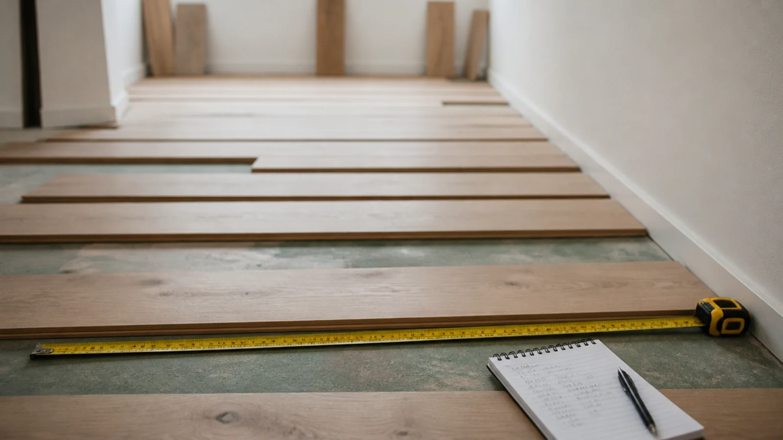 planks dry laid across a room to test the width of the final row