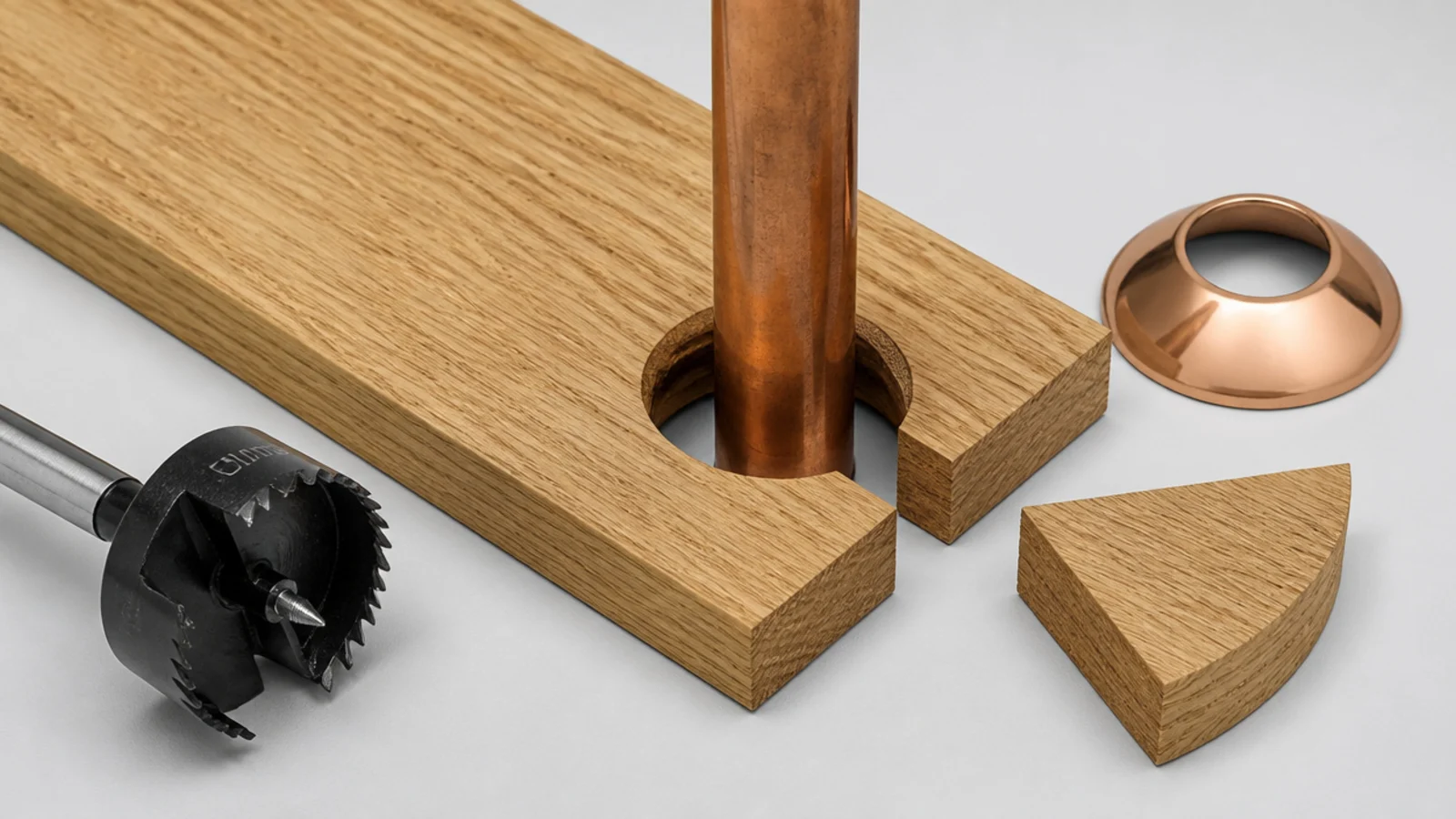 plank drilled and cut to fit neatly around a heating pipe