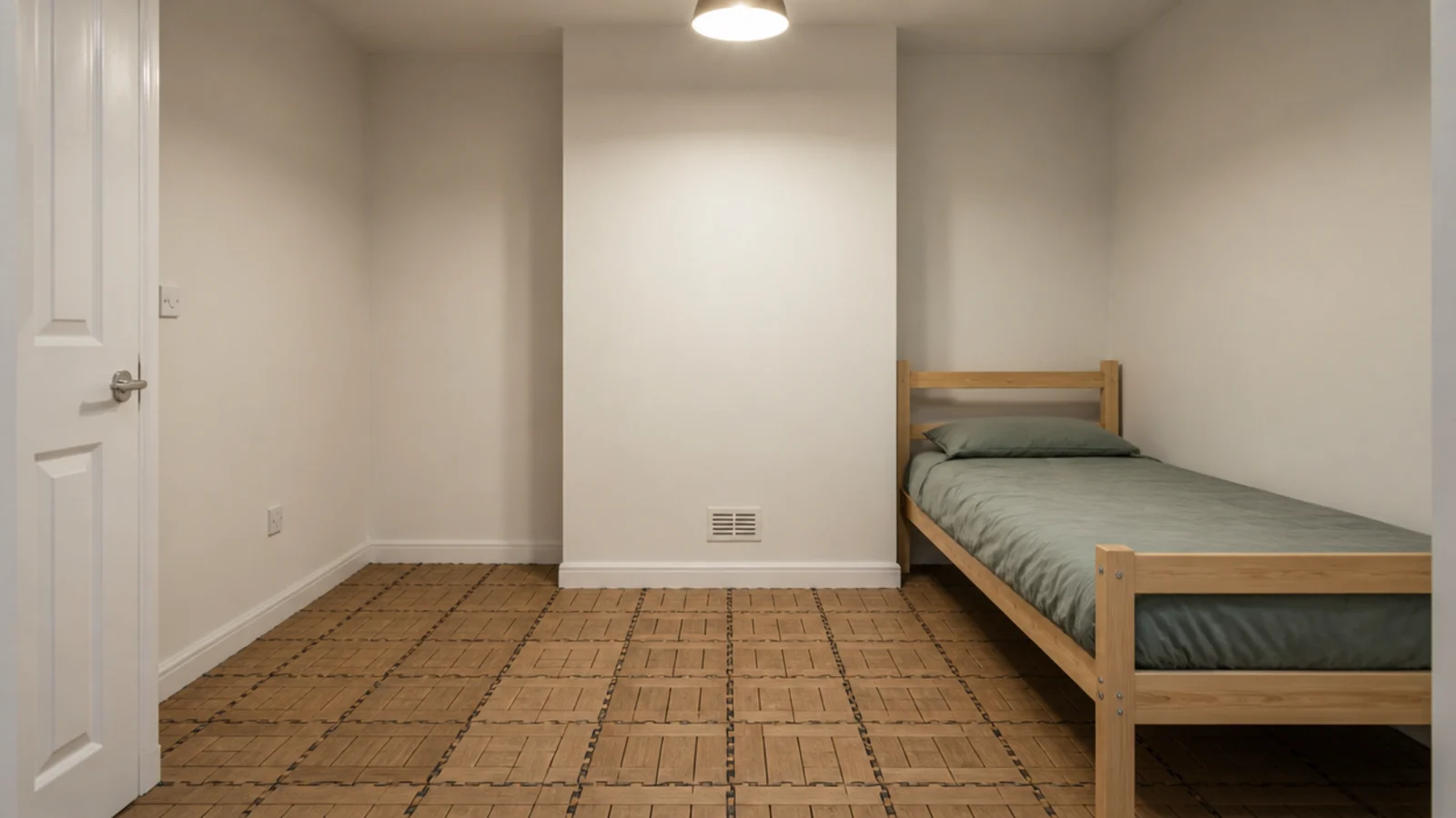 interlocking wood effect tiles clicking together across a tiny bedroom