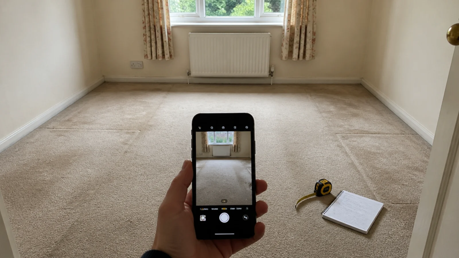 phone photographing an existing bedroom carpet before work begins