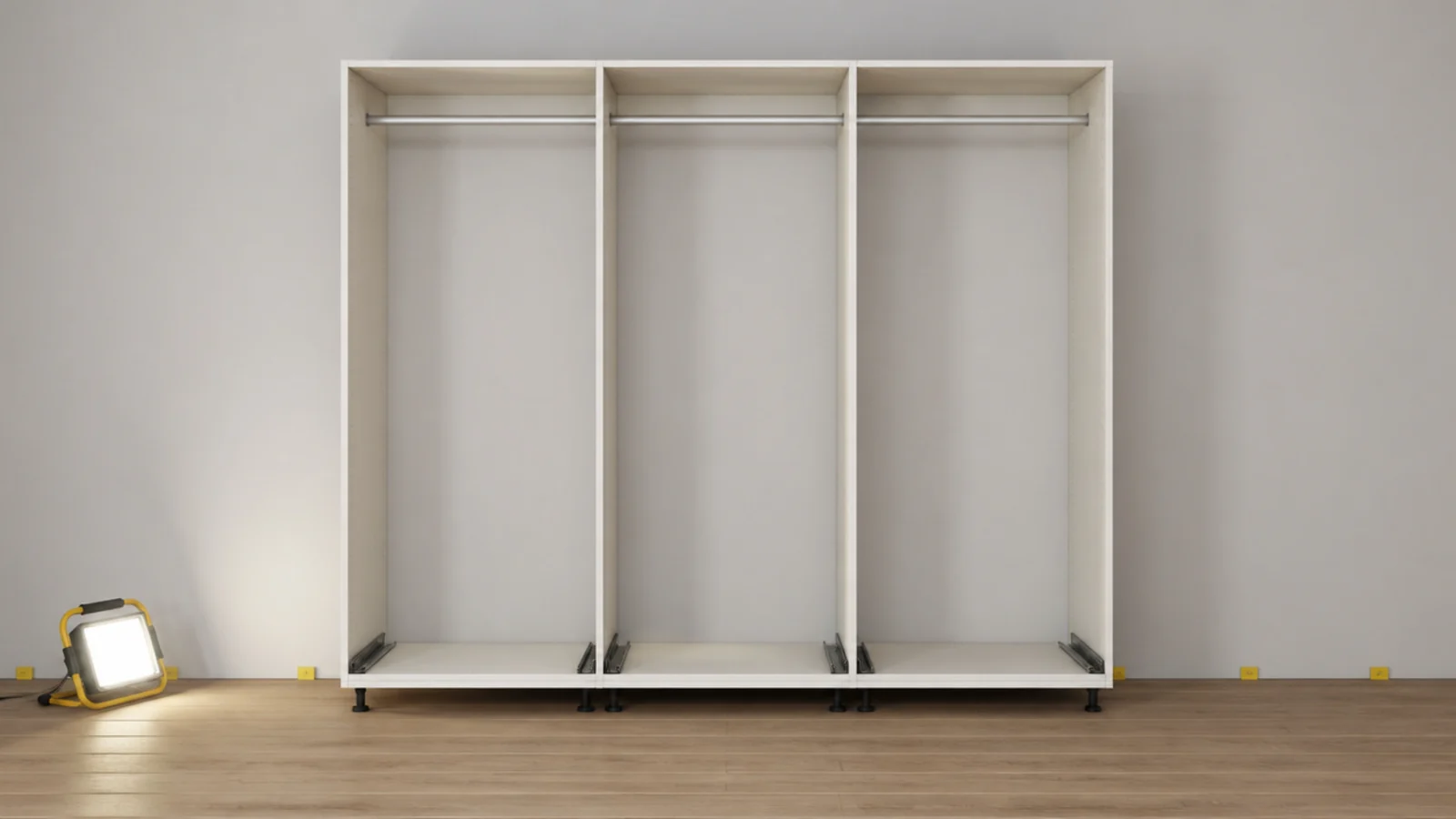 wardrobe base standing on a floating plank floor with a gap behind