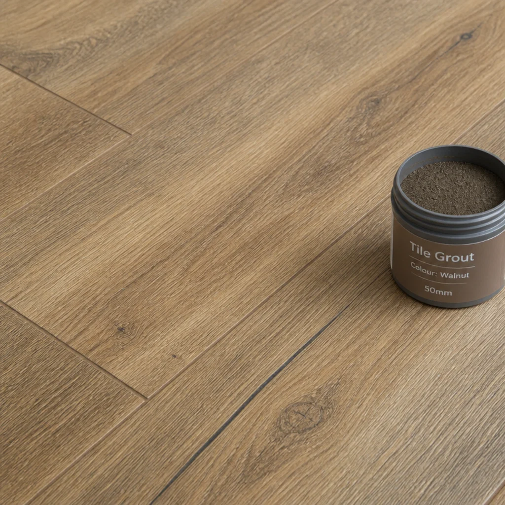 grout colour blended into the middle tone of surrounding plank tiles