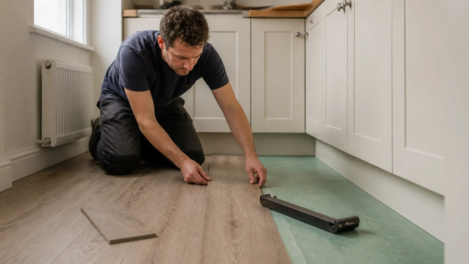 rigid core vinyl planks clicking together across a small rented kitchen
