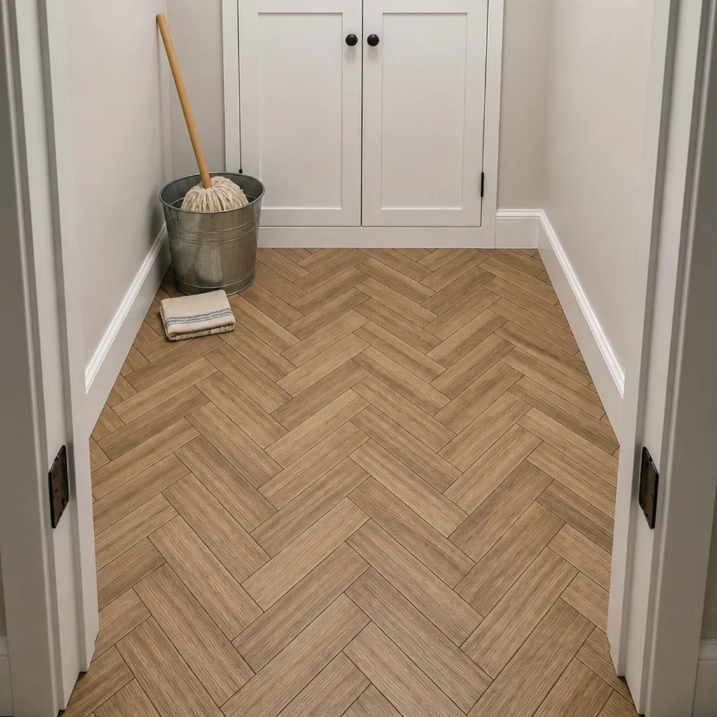short wood effect tiles set in a herringbone pattern across a small floor