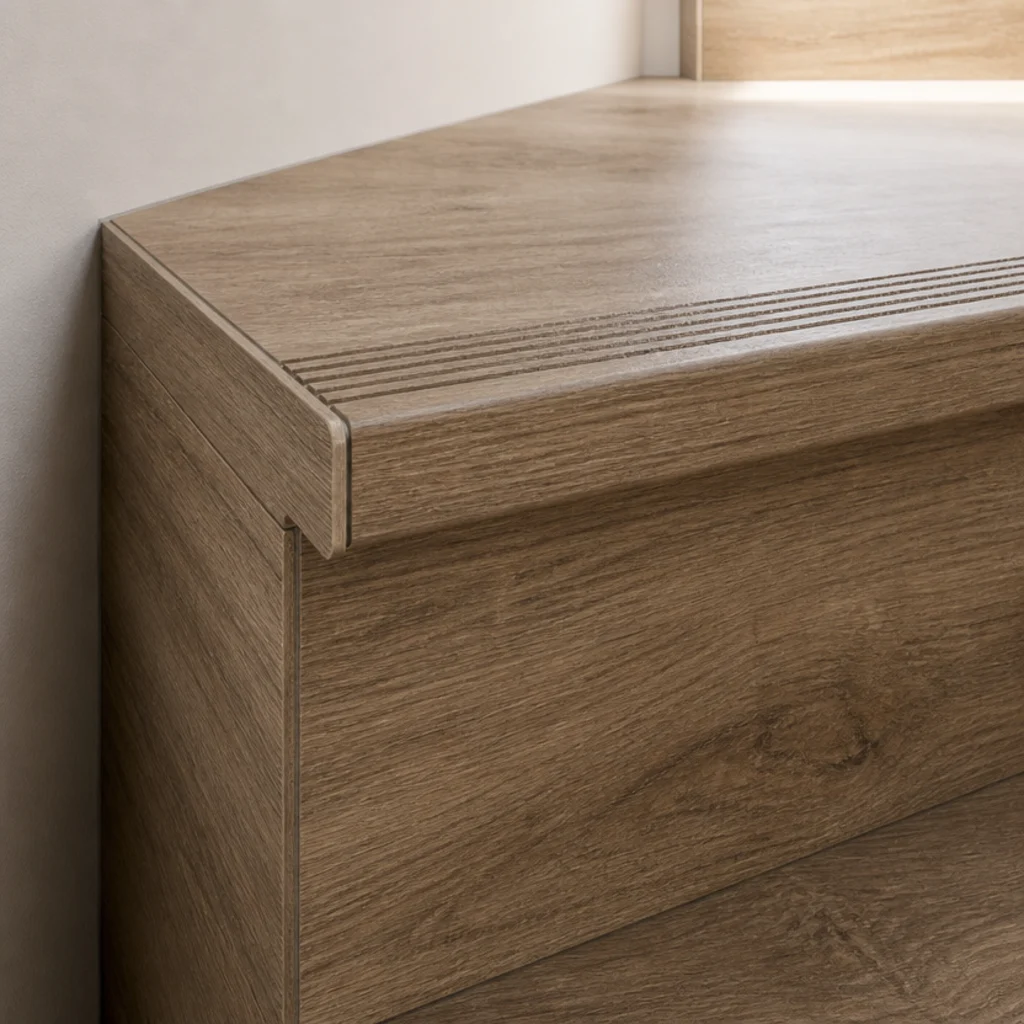 wood effect nosing tile capping a stair tread with a grip groove
