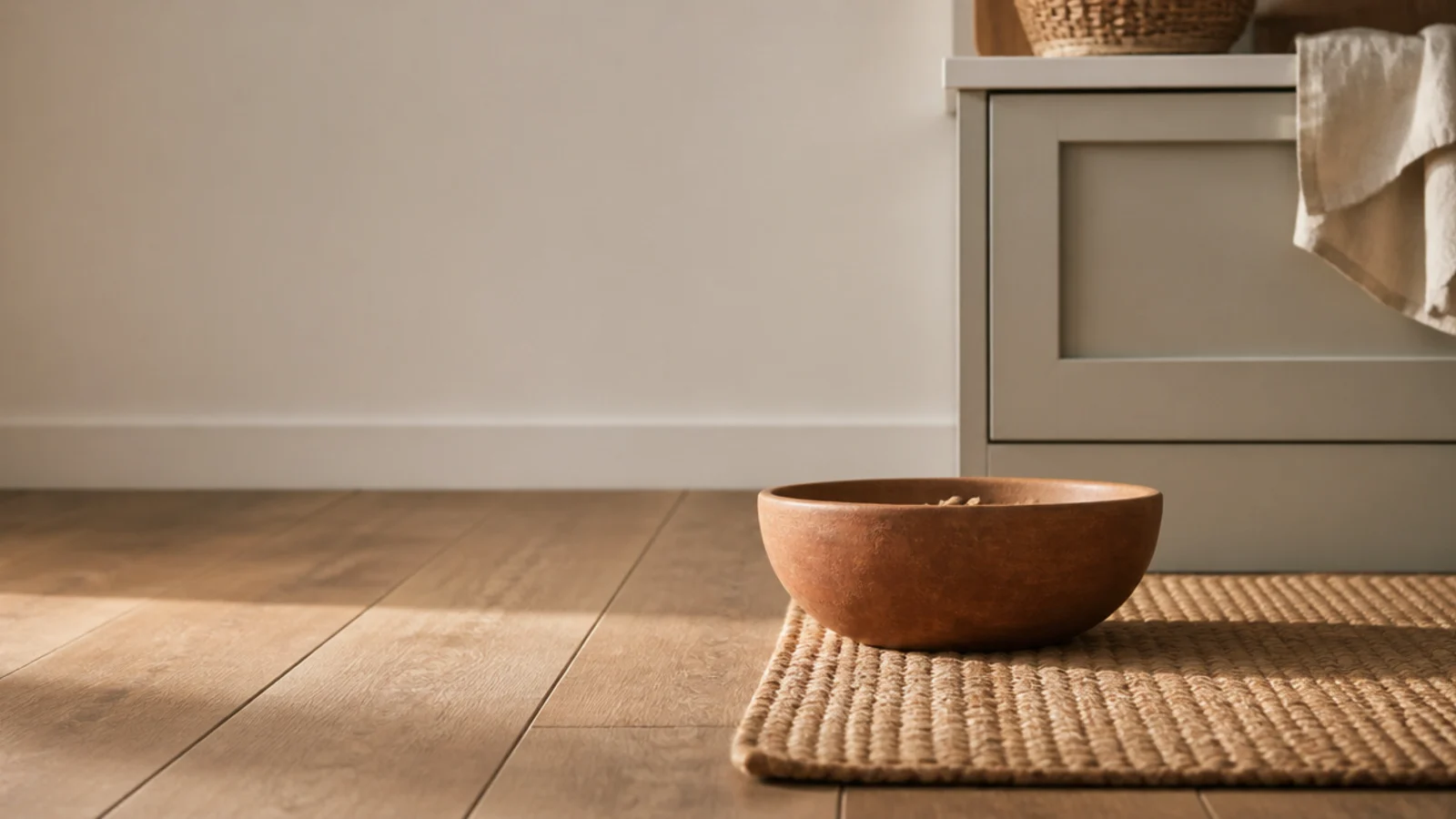 tall view of budget wooden tiles flooring meeting a pale kitchen cabinet